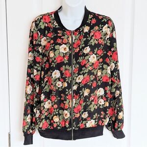 Como BLACK bright floral roses print zip bomber jacket blouse size S @X